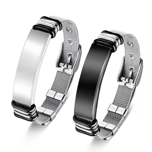 Adjustable stainless steel mesh bracelet with polished ID tag for custom engraving