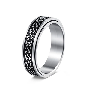 Mens stress relief rotatable ring with black geometric pattern on silver stainless steel