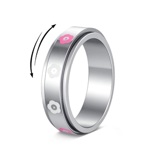 Stainless Steel Rotating Fidget Ring For Women Girls Anxiety Stress Relief Pink White Flower Pattern Spinner Band Ring Jewelry