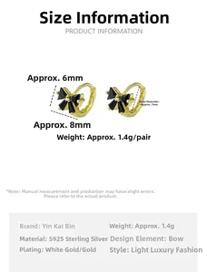 Detailed view of S925 sterling silver golden bow earrings with size specifications