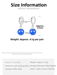 Size chart showing S925 silver blue agate earrings with 10mm bead and 27mm height