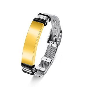 Detail of adjustable stainless steel mesh bracelet with polished gold-tone metal plate