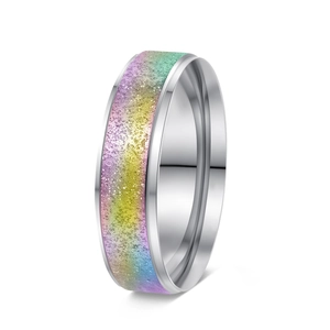 Détail d'une bague de 6mm en acier inoxydable avec finition arc-en-ciel mate et bords polis