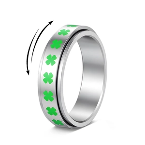 304 Stainless Steel Spinner Ring For Women Men Rotating Anxiety Relief Ring Green Four Leaf Clover Lucky Finger Jewelry