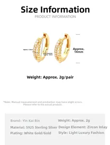 Detail view of gold-plated S925 silver hoop earrings with zircon sizing dimensions