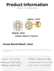 Detailed view of S925 sterling silver flower ear studs with zircon and screw ball backs