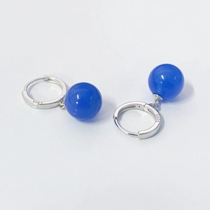S925 sterling silver hoop earrings with natural blue agate round bead pendants for women
