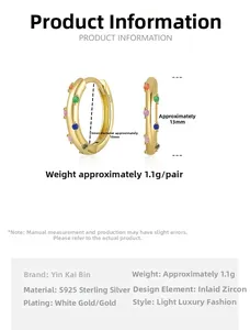 Detailed view of gold plated S925 sterling silver hoop earrings with colored zircon stones