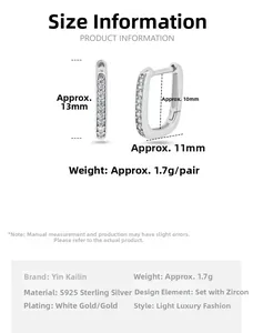 Detailed size chart of S925 sterling silver square earrings with dimensions and weight