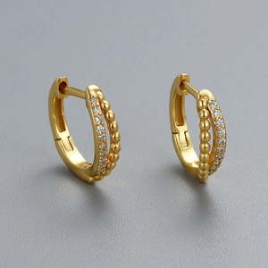 S925 sterling silver gold plated hoop earrings with double layer zircon bead design
