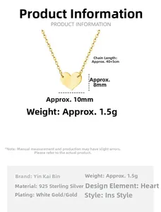 Detailed view of S925 sterling silver heart necklace with dimensions 10x8mm and 40cm chain