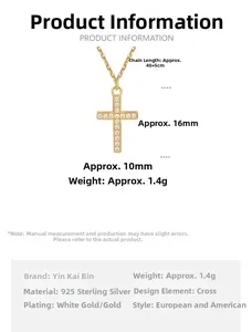 Detail of 925 sterling silver cross pendant with white zircon and chain dimensions