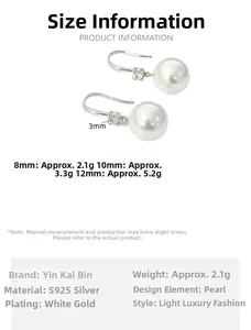 Détail des boucles d'oreilles en argent S925 avec perles de 8-12mm et zircons brillants