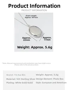 Detailed size and material specs for the 925 sterling silver oval locket necklace pendant