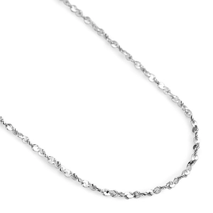 Macro detail of S925 sterling silver twisted chain necklace with polished finish