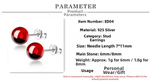 Macro detail of S925 sterling silver studs with red zircon stone and size parameters
