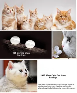 Gros plan détaillé de boucles d'oreilles en argent S925 avec pierres œil-de-chat rondes