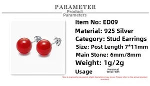 Detailed size parameters for 6mm and 8mm S925 sterling silver red agate stud earrings