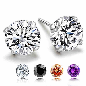 Macro detail of S925 silver four-claw stud earrings with brilliant zircon in four colors