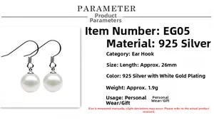 Detailed parameter chart for S925 sterling silver pearl drop earrings with dimensions
