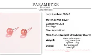 Detail view of S925 silver stud earrings with natural strawberry quartz in 6mm and 8mm