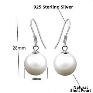 Detailed size view of s925 silver hook earrings with 10mm shell pearl showing 28mm length