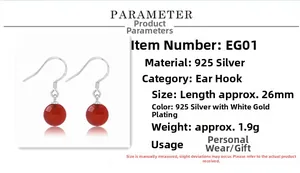 Détails des boucles d'oreilles en argent S925 et agate rouge avec poids et taille