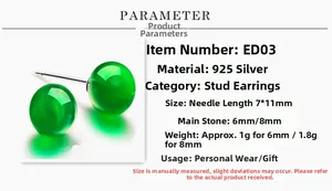 Detail of S925 silver stud earrings with 6mm and 8mm green chalcedony stone beads