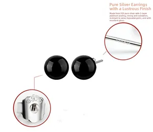 S925 sterling silver black onyx stud earring detail with white gold plating texture