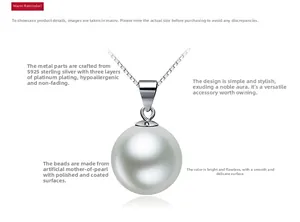 Detail of white round shell pearl pendant on polished S925 sterling silver box chain