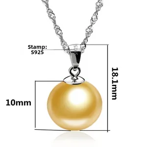 Detail showing 10mm golden pearl pendant dimensions and S925 silver hallmark engraving