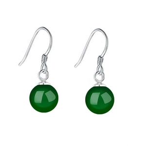 Macro detail of S925 sterling silver hooks with polished green chalcedony stone beads