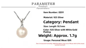 Detail of 925 sterling silver pearl pendant with precise 18.1mm size and 1.7g weight