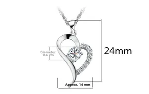 Detailed size chart showing 24mm height silver heart pendant with zircon stone