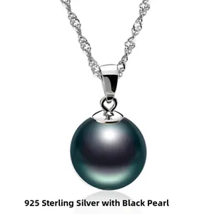 Close-up of S925 sterling silver necklace featuring an iridescent round black pearl pendant