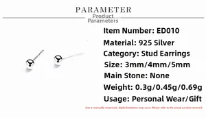 Tableau de spécifications des boucles d'oreilles boules en argent 925 de 3mm, 4mm et 5mm