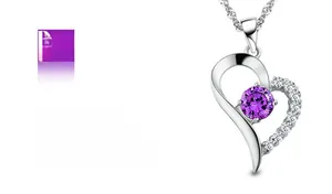 Close-up of heart pendant necklace with a purple gem and micro-paved white zircons