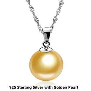 Detail of a golden round pearl pendant on an S925 sterling silver rope chain necklace