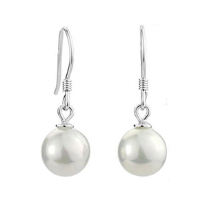 Elegant S925 sterling silver drop earrings with round white pearls and intricate hooks