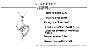 Detail showing 925 sterling silver heart pendant dimensions 24x14mm and 1.8g weight