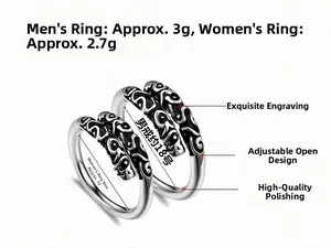 Detail of vintage silver couple rings showing intricate carvings and adjustable size