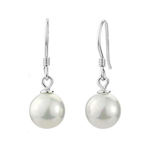 Elegant S925 sterling silver hook earrings featuring glossy white round shell pearls