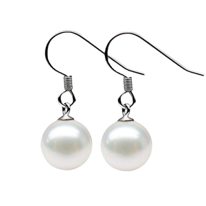 Elegant pair of round white pearl drop earrings with minimalist sterling silver hooks
