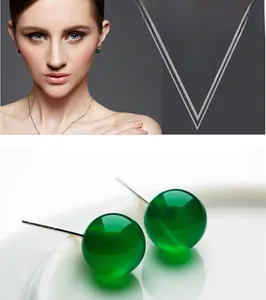 Macro detail of green agate stud earrings with S925 silver posts on female model