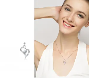 Close-up and model view of 925 sterling silver heart pendant necklace with zircons