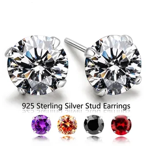 Classic S925 sterling silver four-prong stud earrings with multi-color zircon options