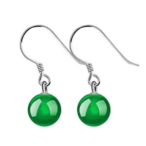 S925 Sterling Silver Green Agate Chalcedony Dangle Earrings For Women Ethnic Style Jade Look Round Bead Hook Earrings Jewelry Gift