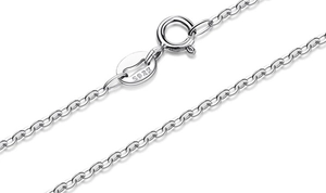 Detailed macro view of S925 sterling silver cross chain with spring clasp and hallmark tag