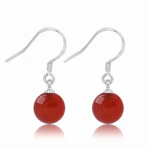 Boucles d'Oreilles Pendantes en Argent Sterling 925 avec Agate Rouge pour Femmes Style Coréen Vintage Crochets d'Oreilles Perles Rondes