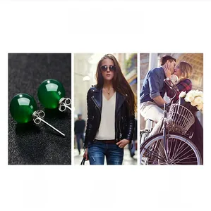Detail showing green agate stud earrings with secure screw-back spherical silver closures